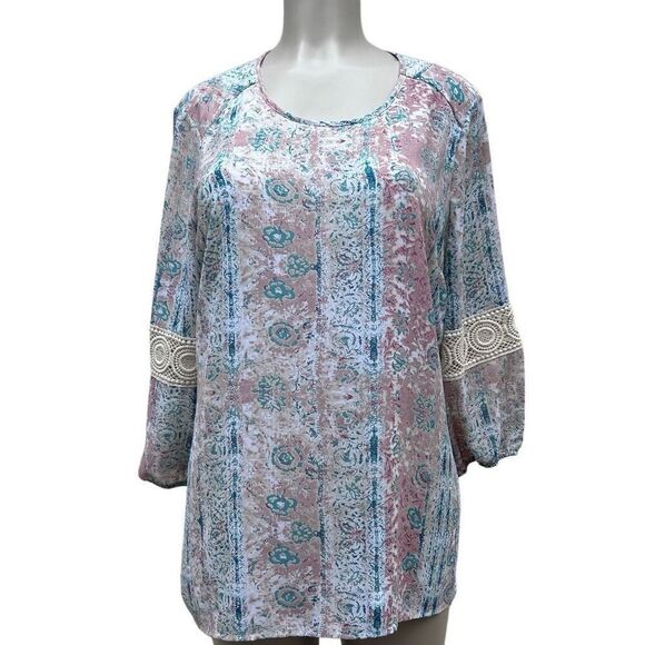 Krazy Kat Tunic Blouse Women's Large Pastel Floral Crochet Lace Trim 3/4 Sleeve - Picture 2 of 14